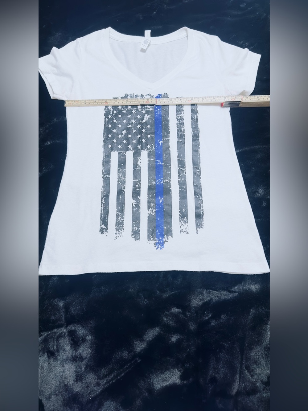 Women's Back the Blue White Graphic V-Neck Tee American Flag Thin Blue Line - Picture 4 of 5